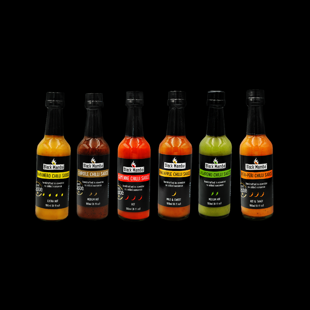 Collection of Black Mamba chilli sauces in black background